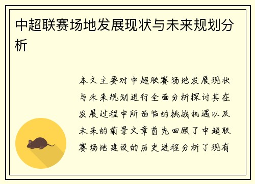 中超联赛场地发展现状与未来规划分析